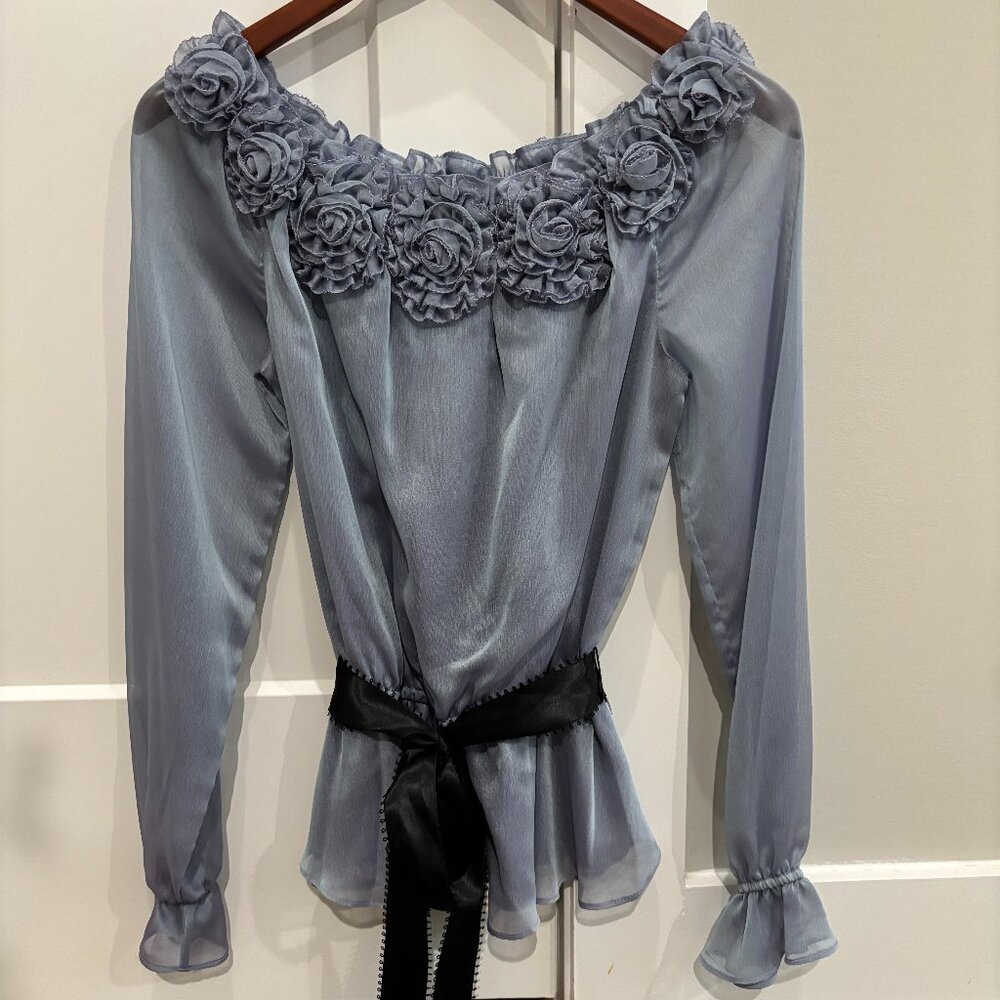 Adrianna Papell Evening Essentials Blouse Light Indigo Roses Sheer Sleeve Small